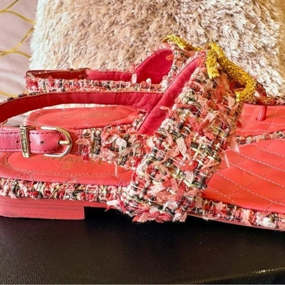 CHANEL Pink Tweed Sandals • Gold CC Logo • Size 37.5 EU • US Size Worn 1X w/ Box - Picture 8 of 15